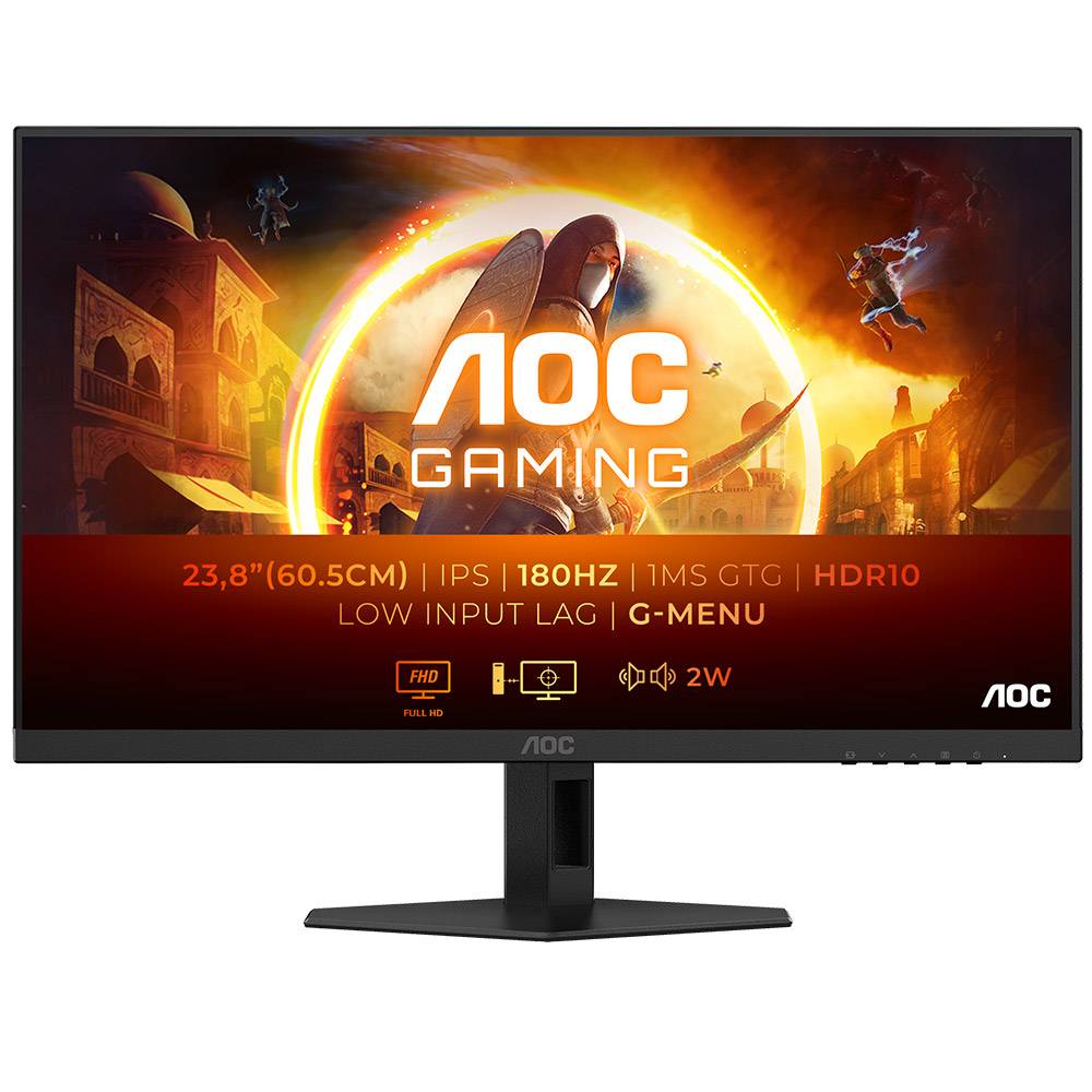 Monitor AOC Gaming 23,8 polegadas preto com especificações técnicas no ecrã