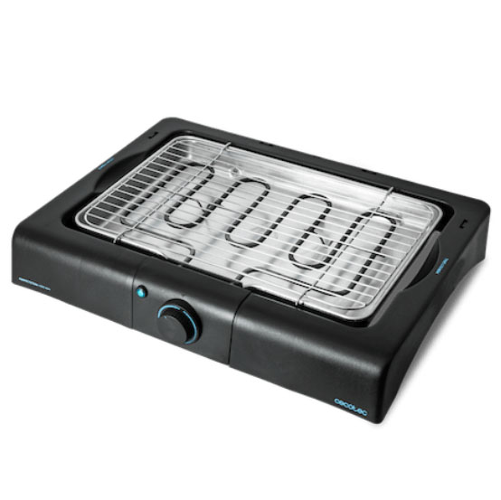 Churrasqueira elétrica preta com grelha metálica e botão de controlo frontal