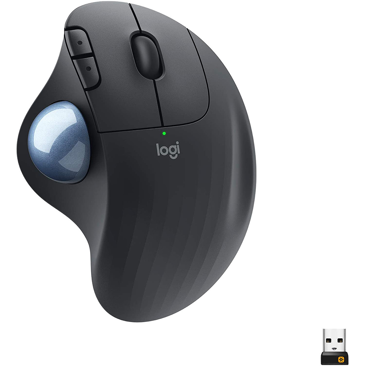 Rato trackball preto com bola azul e recetor USB