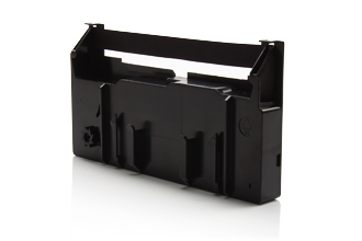 Fita de tinta preta para impressora em plástico preto sobre fundo branco