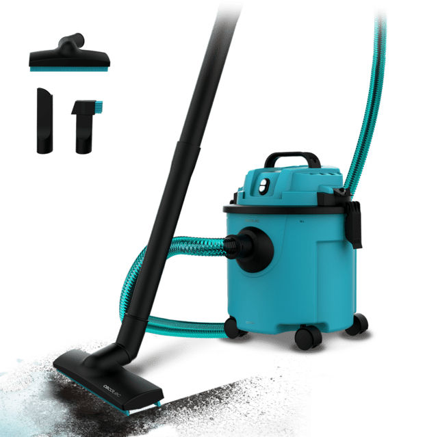Aspirador de pó azul com mangueira e acessórios pretos