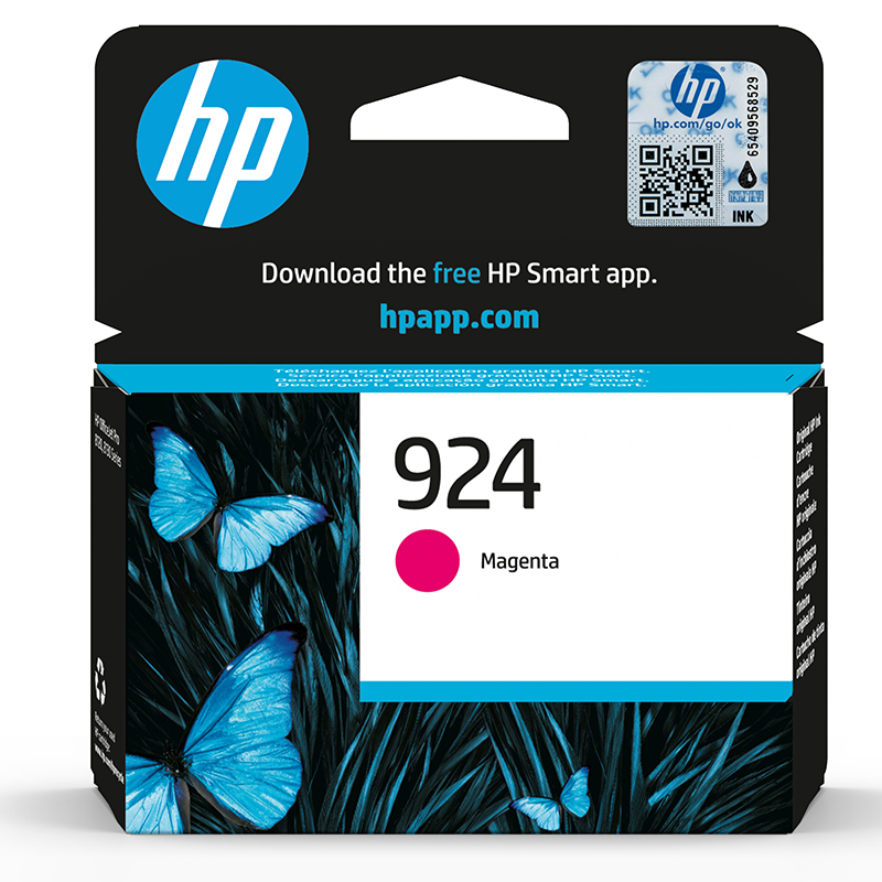 Embalagem de tinteiro HP 924 Magenta com borboletas azuis e indicação de app