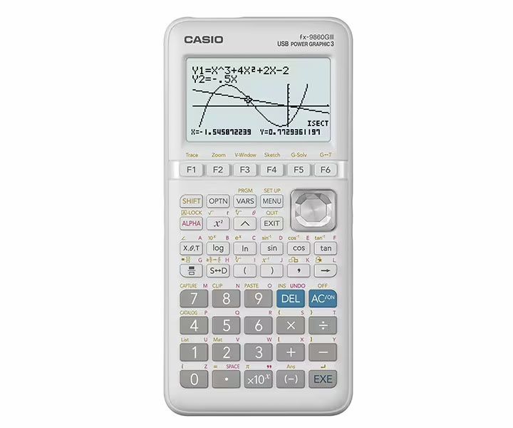 Calculadora gráfica CASIO fx-9860GIII com visor LCD e botões coloridos.