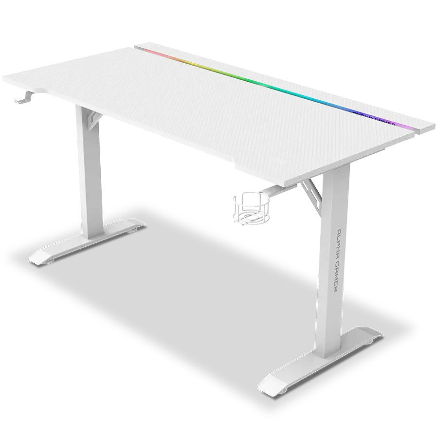 Mesa gaming branca com suporte para copo e iluminação RGB