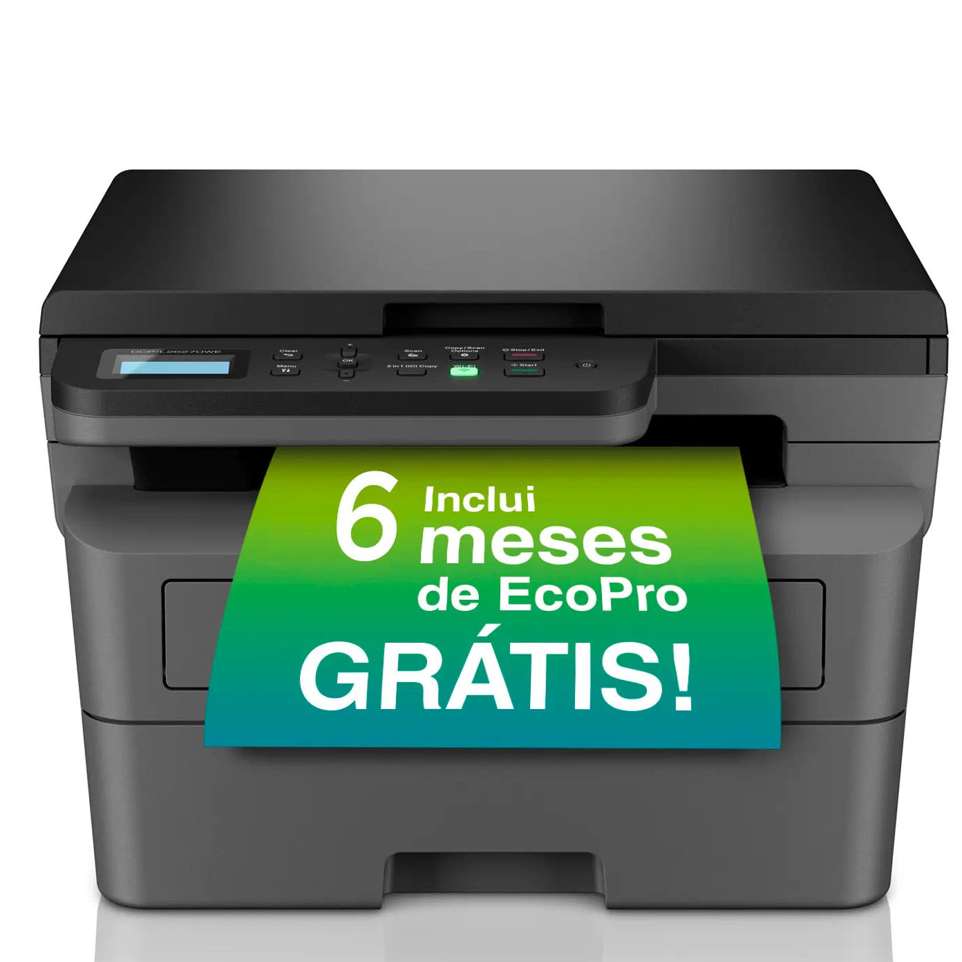 Impressora multifuncional preta a imprimir papel verde com texto promocional