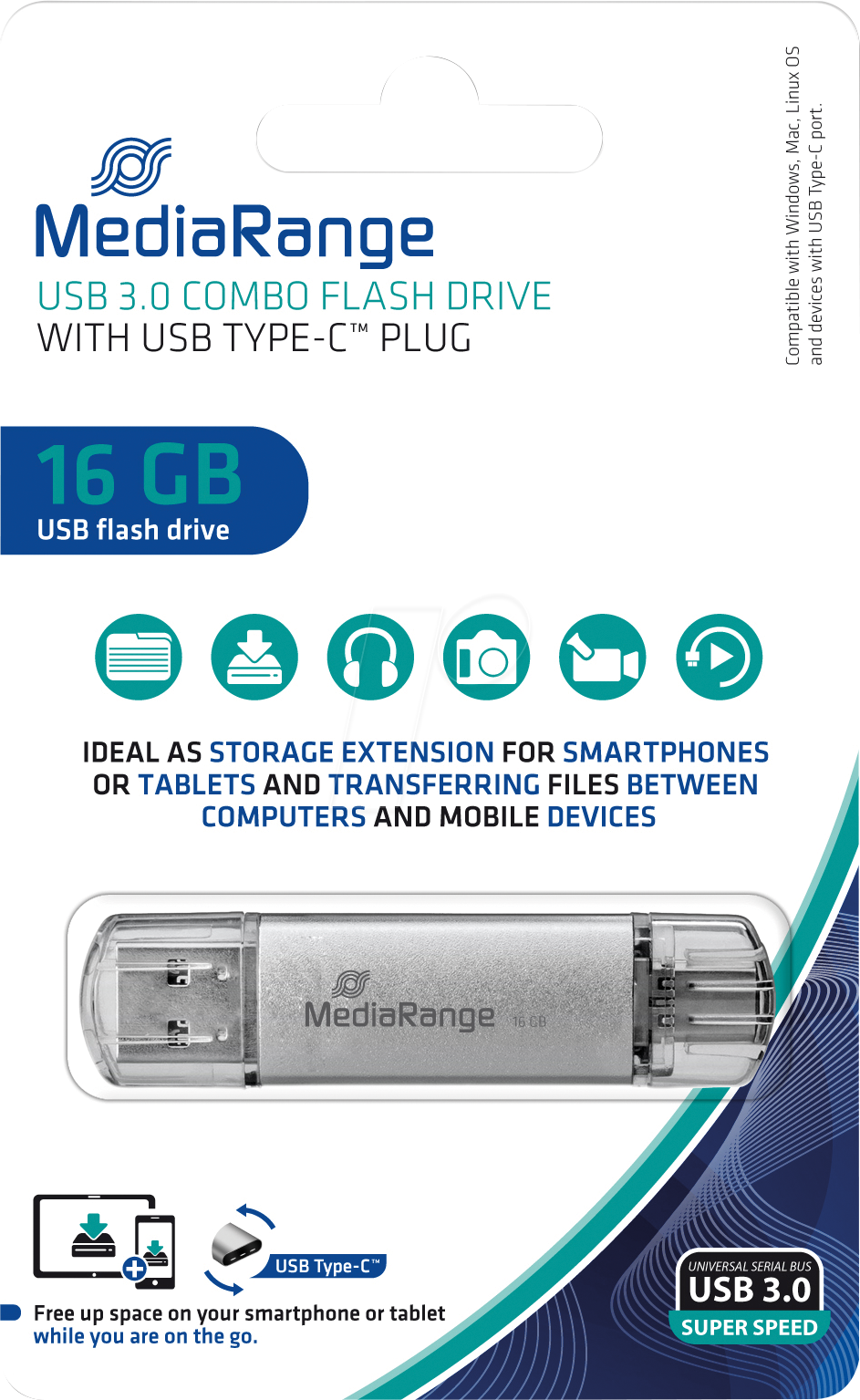 Pen drive USB 3.0 MediaRange 16 GB com conector USB Type-C na embalagem