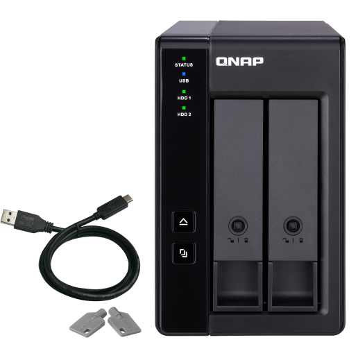 Dispositivo QNAP preto com duas baias e indicadores LED