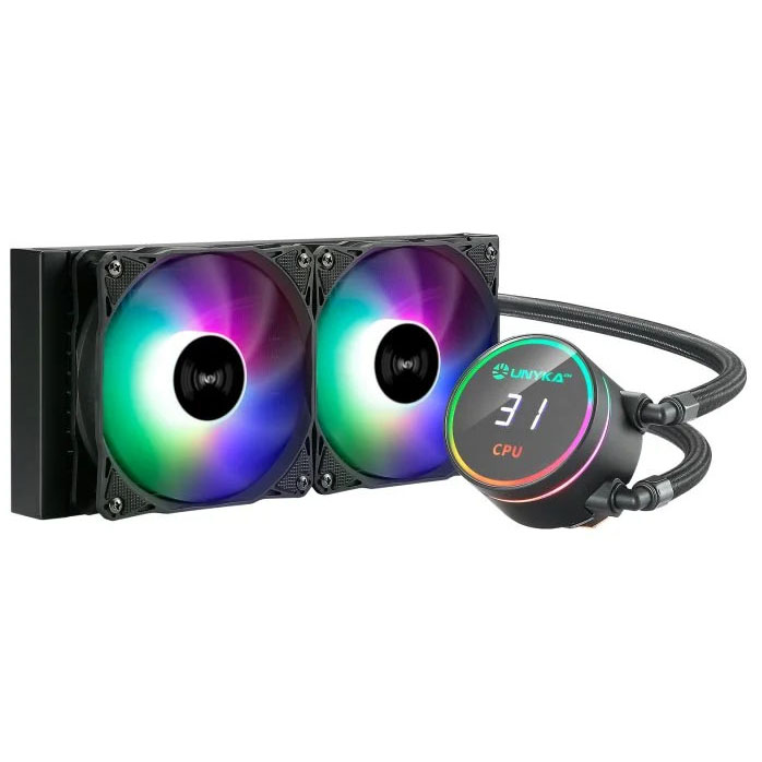 Sistema de arrefecimento líquido para CPU com ventiladores RGB e display digital.