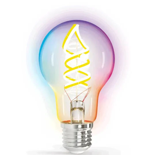 Lâmpada LED com filamento amarelo espiral e iluminação colorida