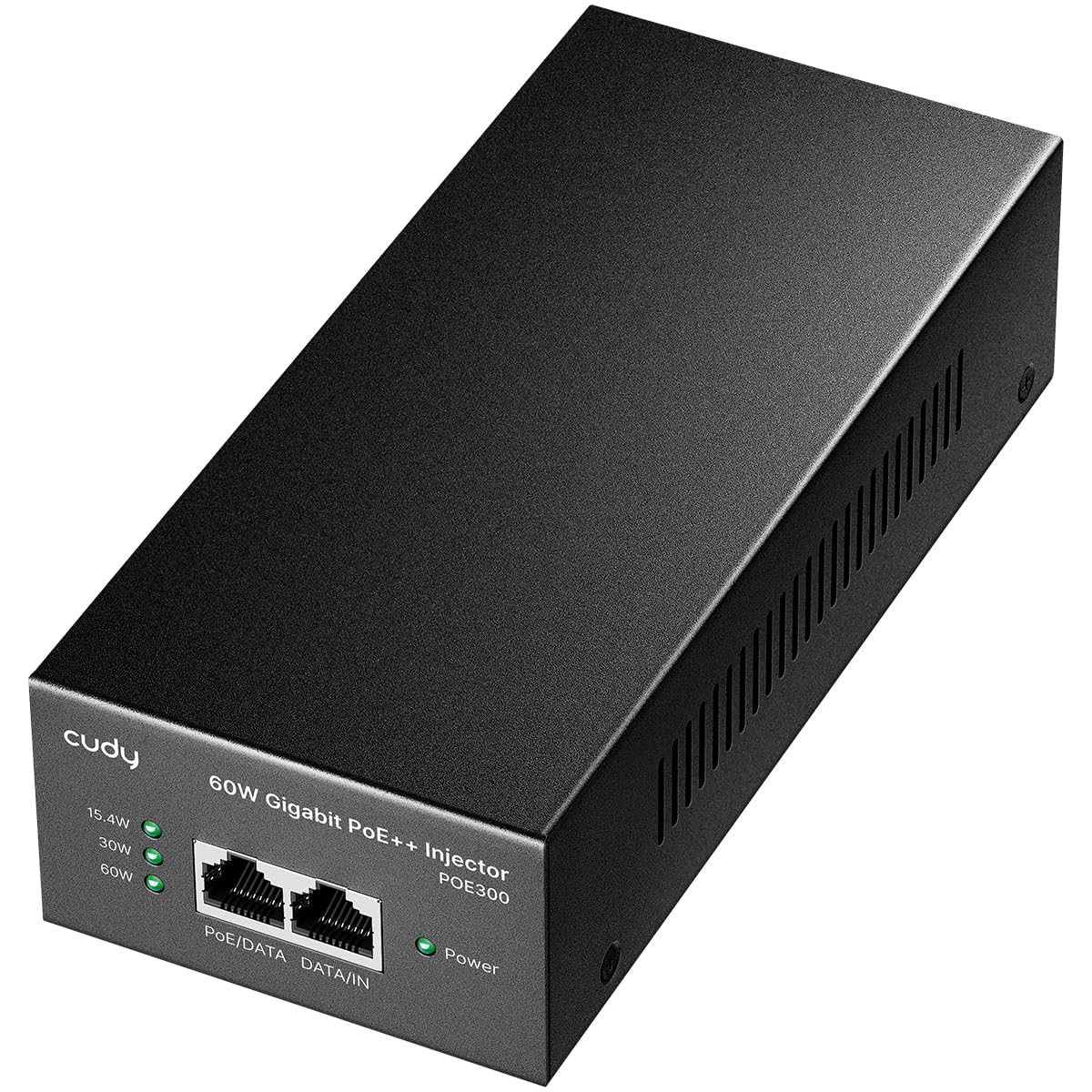 Injetor PoE++ Gigabit 60W cudy POE300 preto em metal com conectores RJ45 e LEDs indicadores
