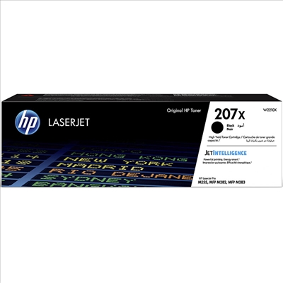 Cartucho de toner HP LaserJet 207x preto em embalagem preta com texto e detalhes coloridos