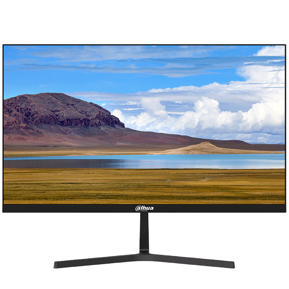 Monitor plano preto com paisagem natural no ecrã
