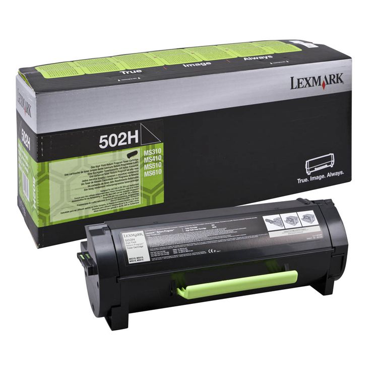 Toner preto Lexmark 502H com caixa preta, cinza e verde