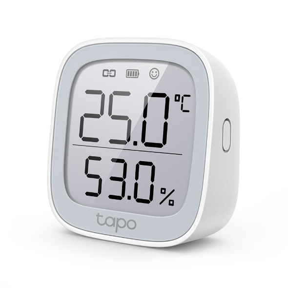 Termómetro digital Tapo branco com display LCD a mostrar temperatura e humidade