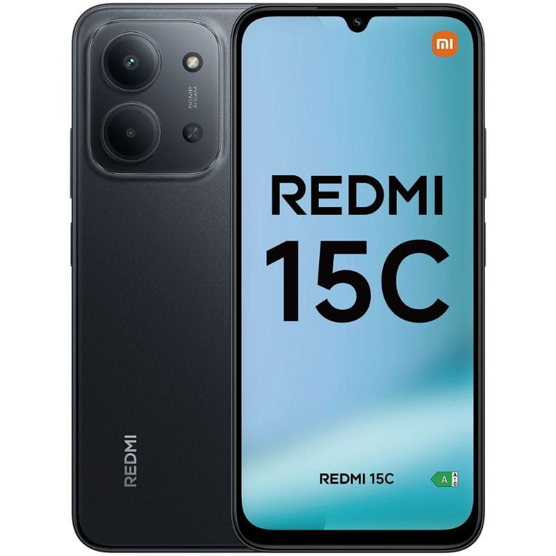 Smartphone Redmi 15C preto com ecrã azul e câmara dupla