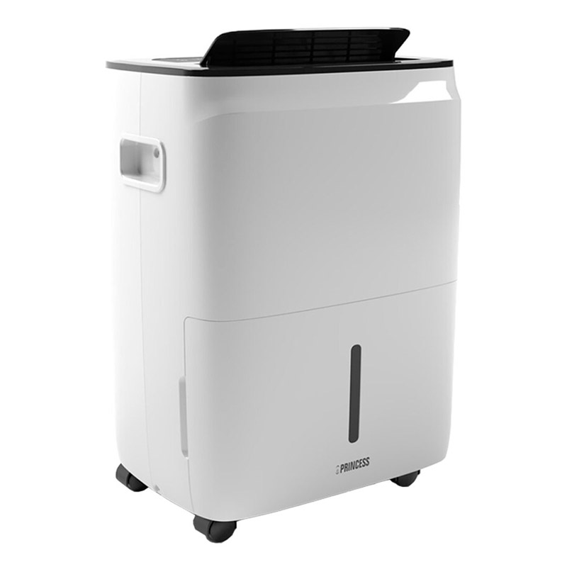 Desumidificador branco retangular com visor frontal e rodas pretas