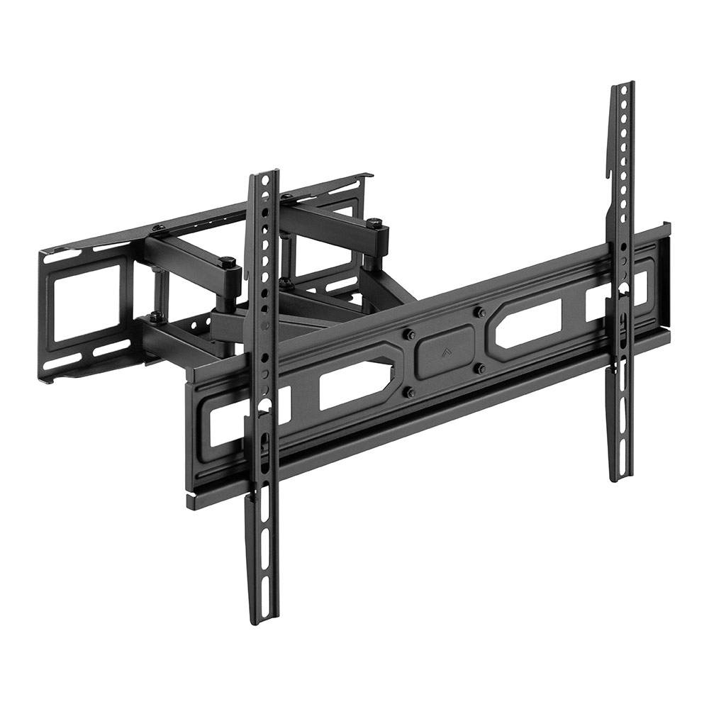 Suporte articulado de parede para TV preto com braços ajustáveis.