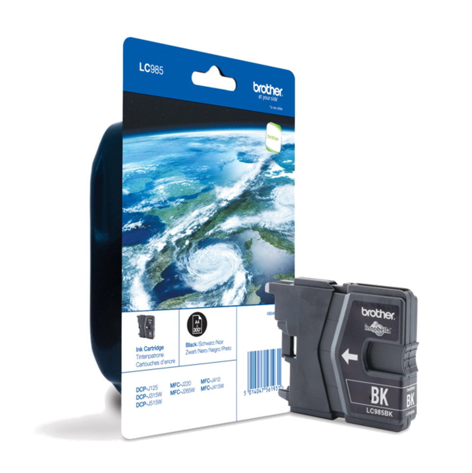 Cartucho de tinta preta Brother LC985BK com embalagem azul e imagem do planeta Terra