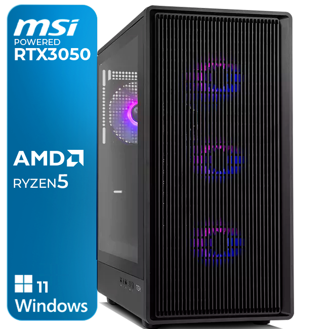 Computador de secretária preto com ventoinhas iluminadas e painel lateral de vidro