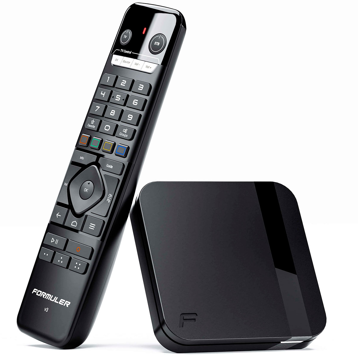 Comando remoto preto FORMULER V3 com botões coloridos e base preta