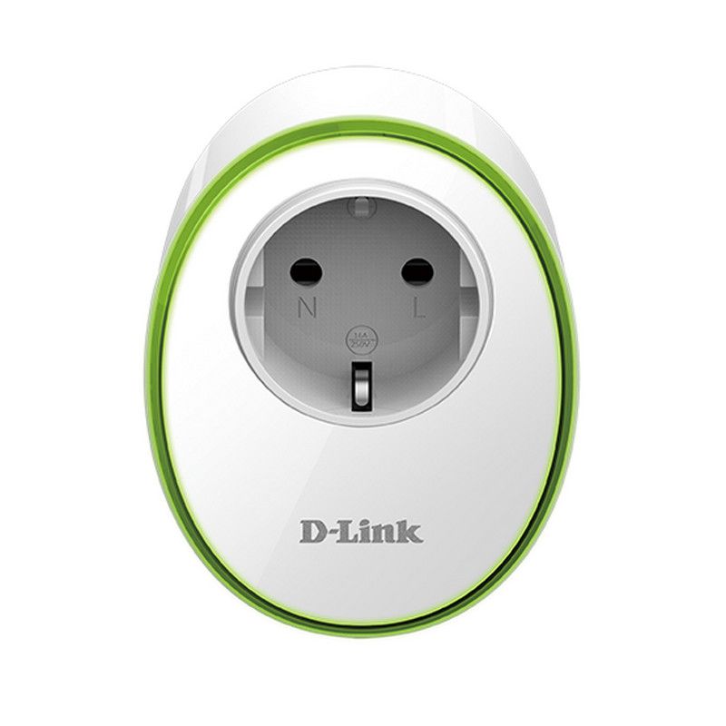 Tomada elétrica branca D-Link com contorno verde e marcações N, L, 16A 250V