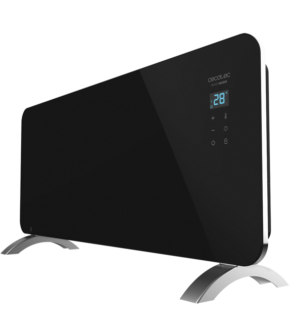 Aquecedor digital preto com ecrã LED azul e estrutura prateada.