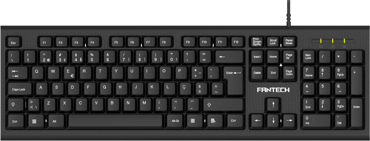 teclado preto FANTECH com teclas brancas e teclado numérico