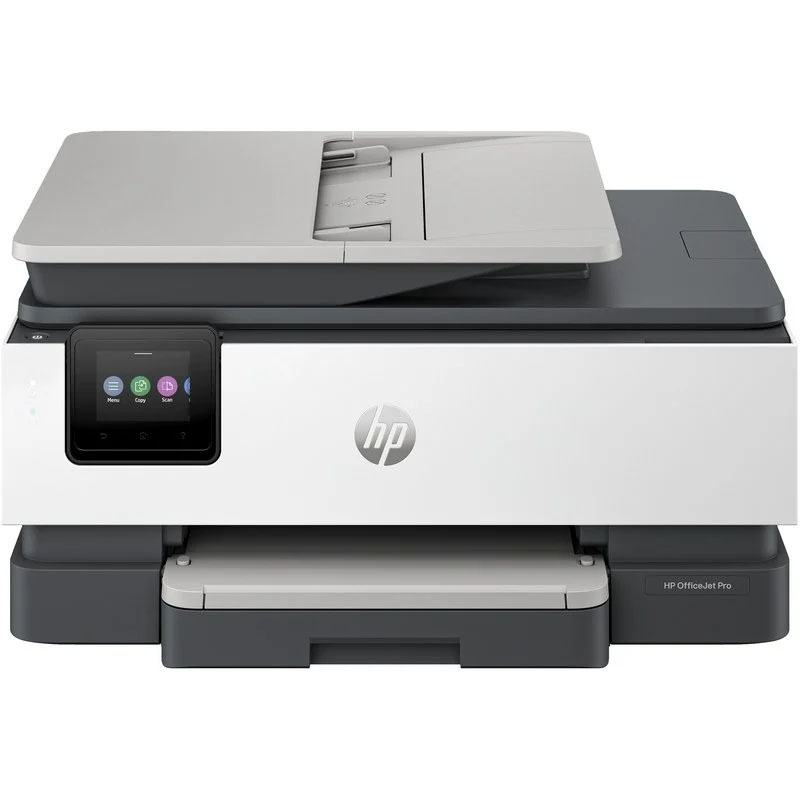 Impressora HP OfficeJet Pro cinza e branca com visor tátil colorido