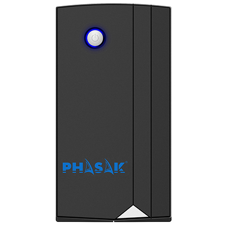 Dispositivo eletrónico preto com botão iluminado e logótipo PHASAK azul