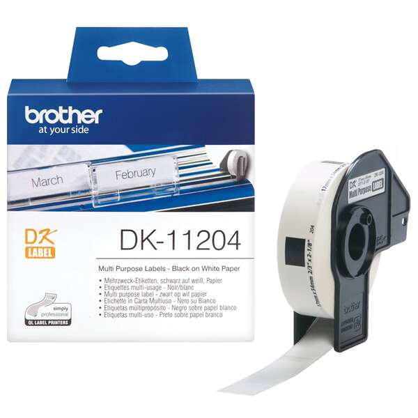 Embalagem e rolo de etiquetas Brother DK-11204 multiuso em papel branco com texto preto
