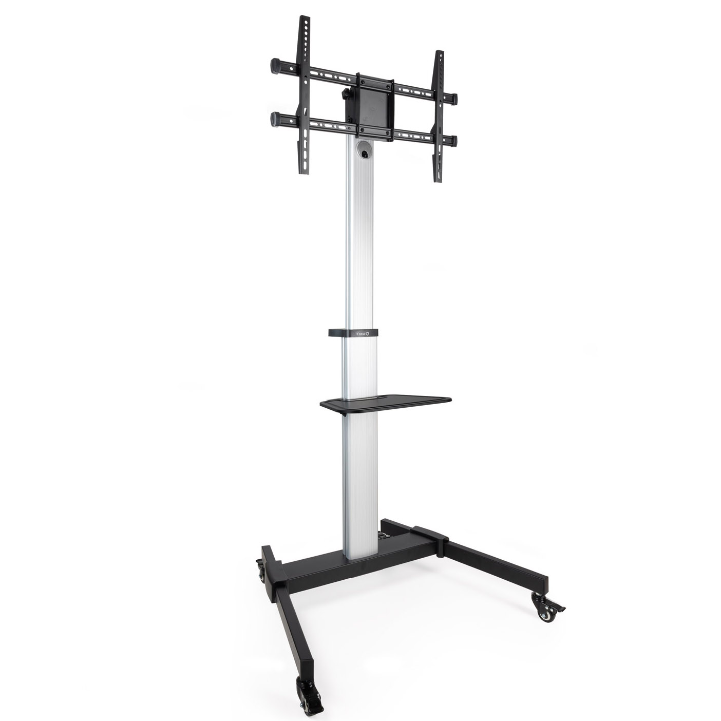 Suporte de televisão móvel em metal preto com coluna em alumínio e base com rodas