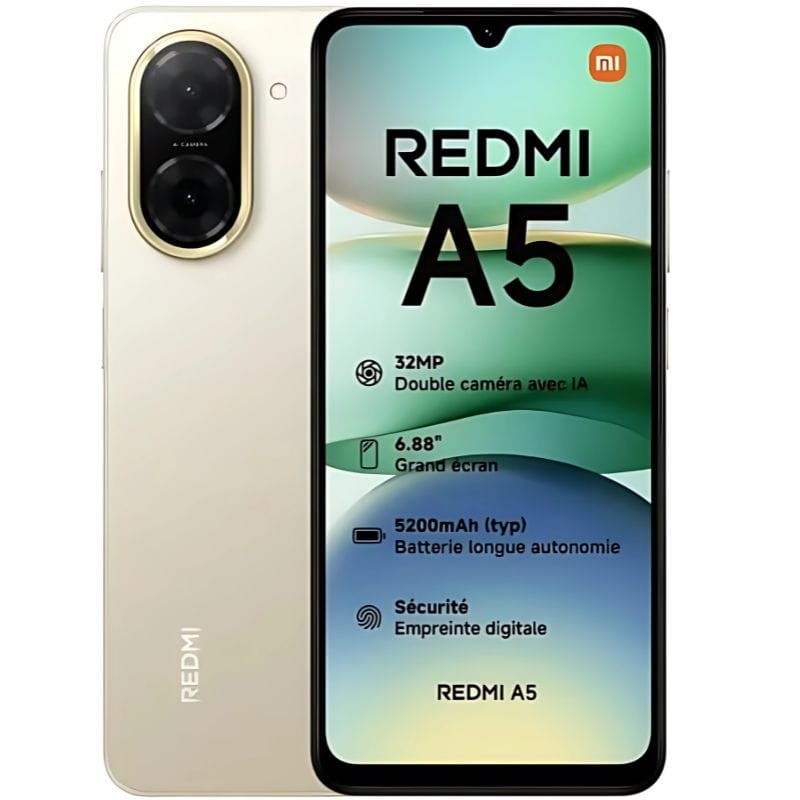 Smartphone Redmi A5 dourado com câmara dupla e ecrã a mostrar especificações em francês