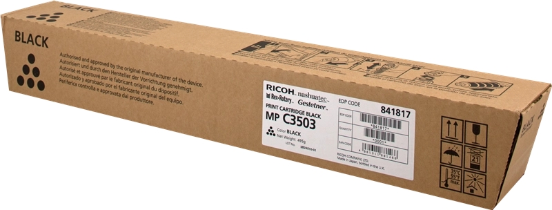 Embalagem de cartucho de impressão Ricoh MP C3503 preta em caixa de cartão