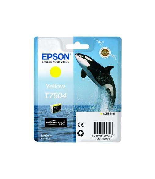 Cartucho de tinta Epson amarelo T7604 com imagem de orca em embalagem azul