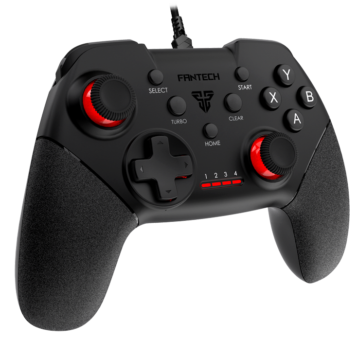 Comando de videojogos FANTECH preto com botões vermelhos e pretos e pega texturada.