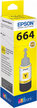 Frasco de tinta Epson 664 amarela em embalagem cartonada