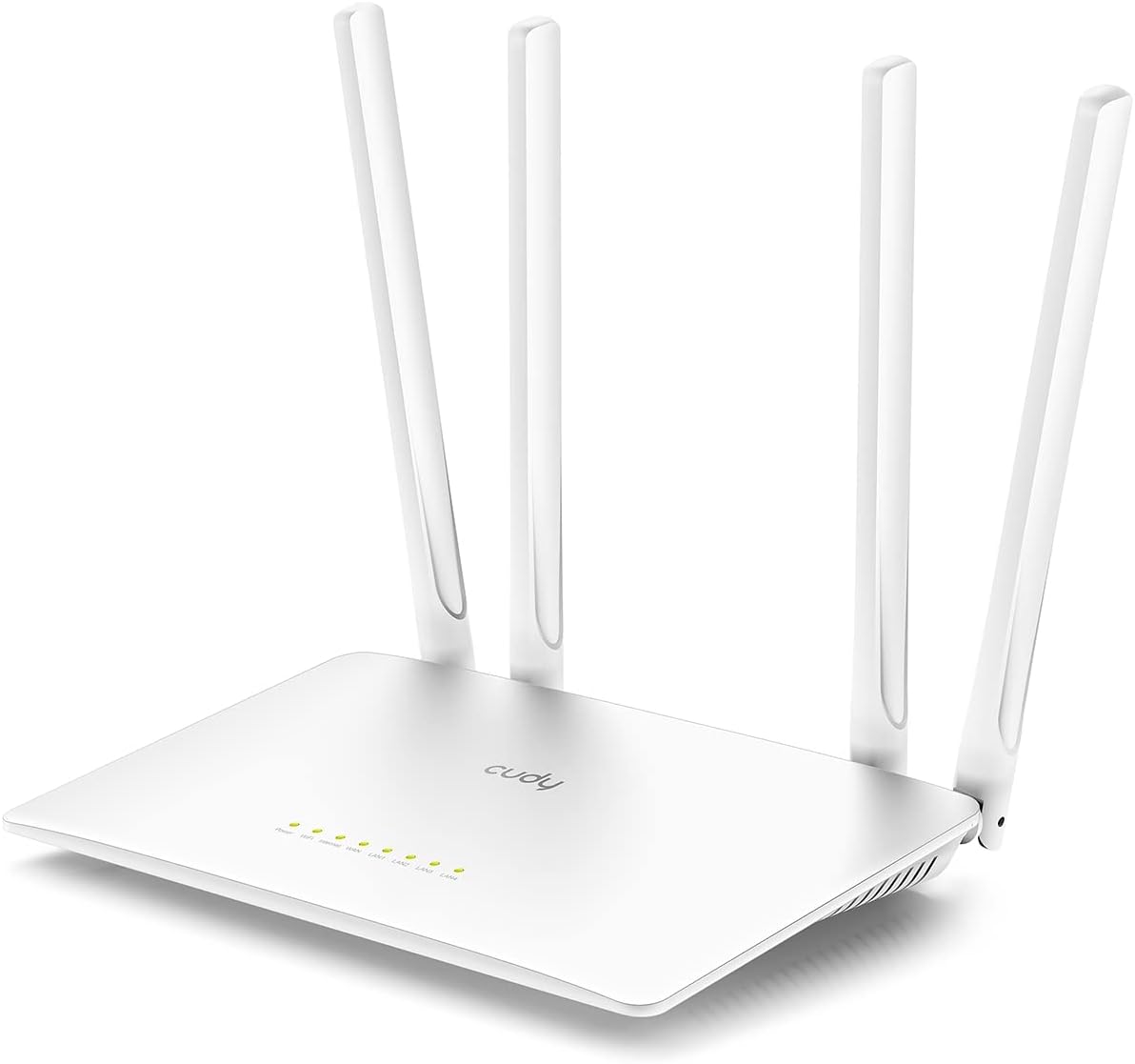 Roteador wireless branco com quatro antenas e luzes LED amarelas