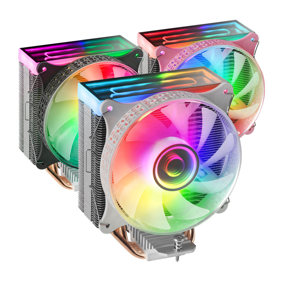 Três coolers para computador com iluminação RGB colorida