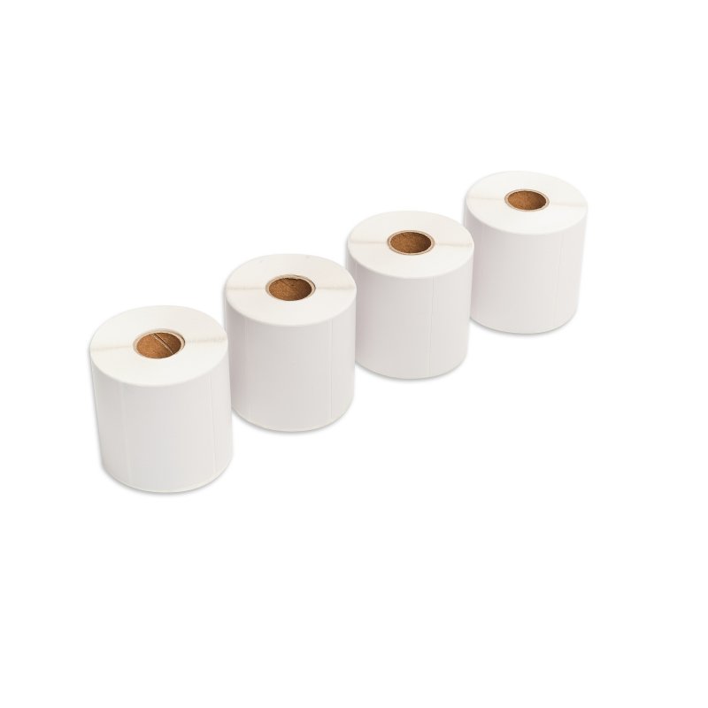 Quatro rolos de papel térmico branco em linha sobre fundo branco.