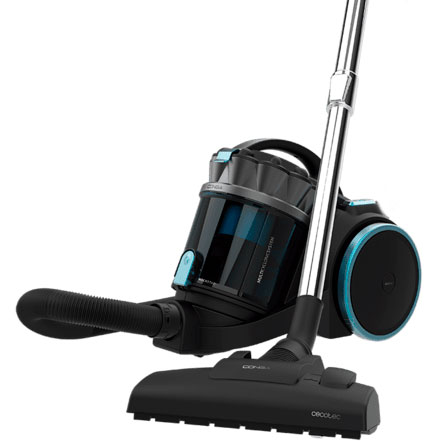 Aspirador de pó sem saco preto e azul com tubo metálico e rodas azuis