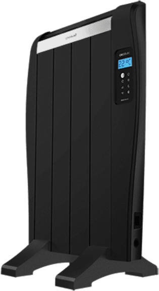 Aquecedor elétrico vertical preto com painel digital e suporte de apoio