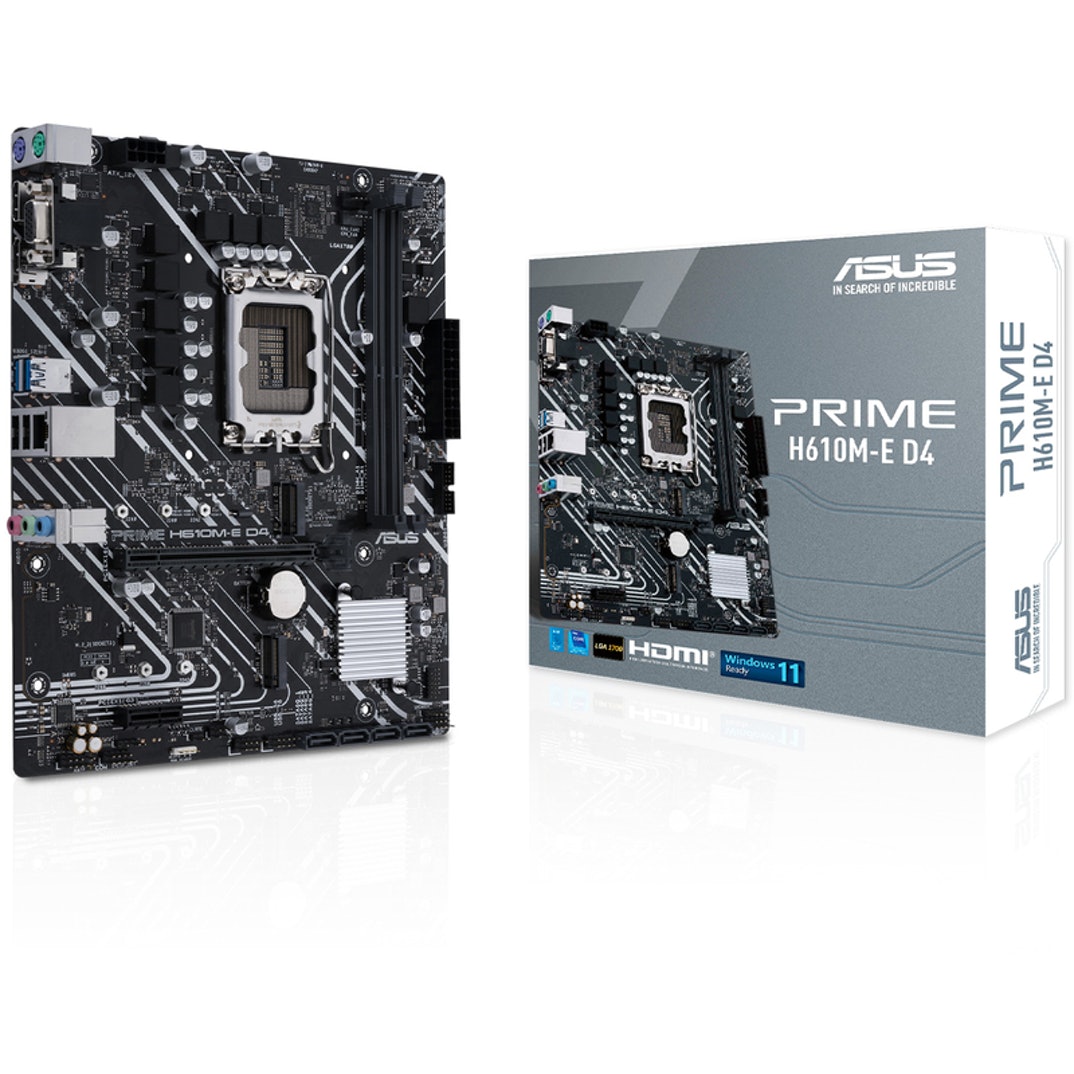 Placa-mãe Asus PRIME H610M-E D4 preta ao lado da caixa cinzenta em fundo branco