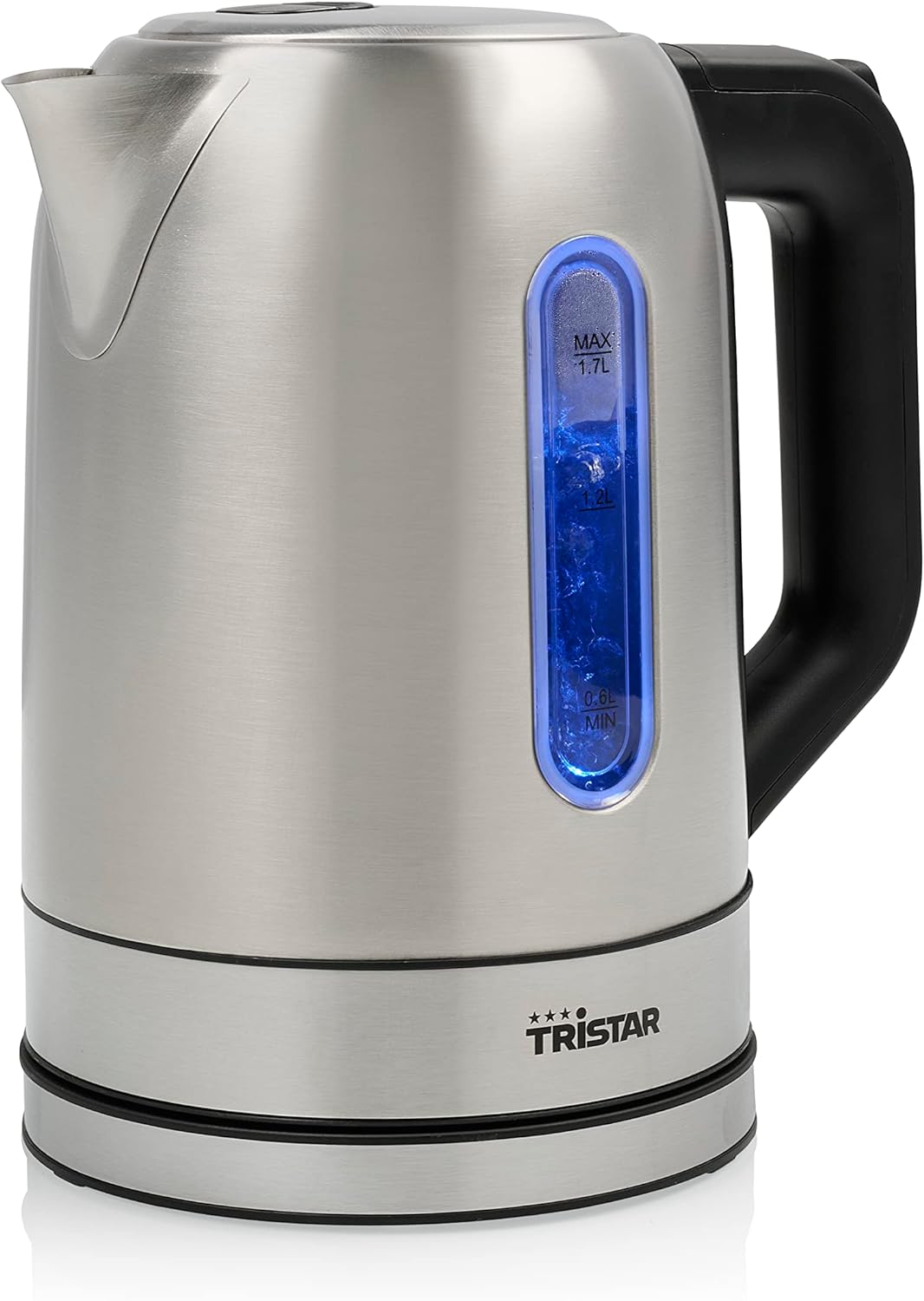 Chaleira elétrica de aço inoxidável com visor azul e pega preta