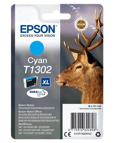 Embalagem de tinteiro Epson Cyan T1302 XL com imagem de cervo
