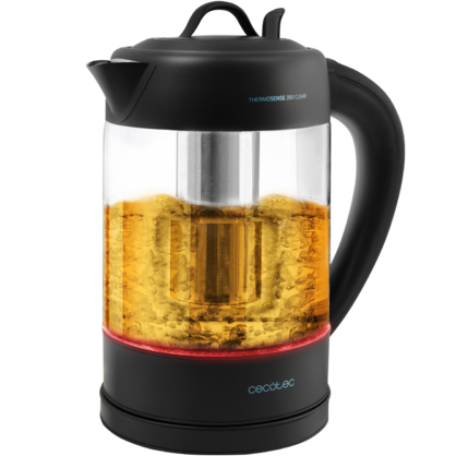Chaleira elétrica de vidro transparente com base preta e tampa preta
