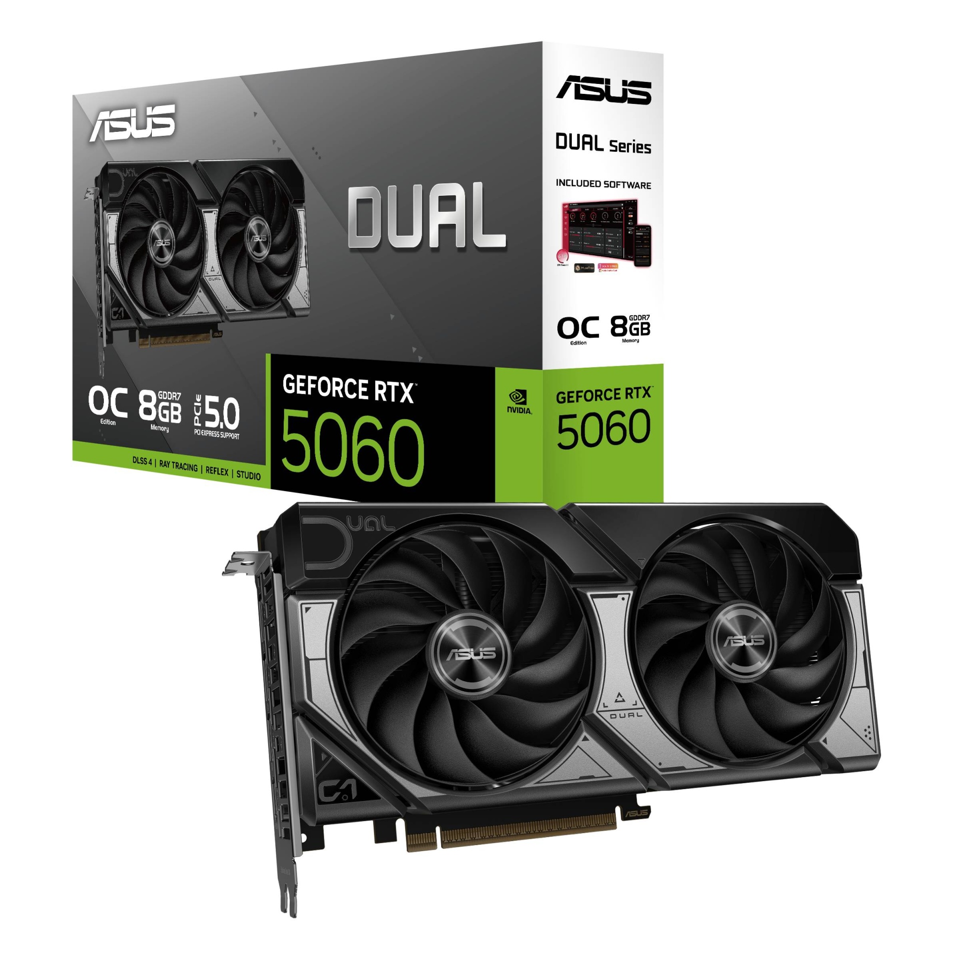 Placa gráfica ASUS GeForce RTX 5060 DUAL com 8GB GDDR7 e caixa