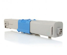 Toner para impressora reciclado cinza e azul em fundo branco