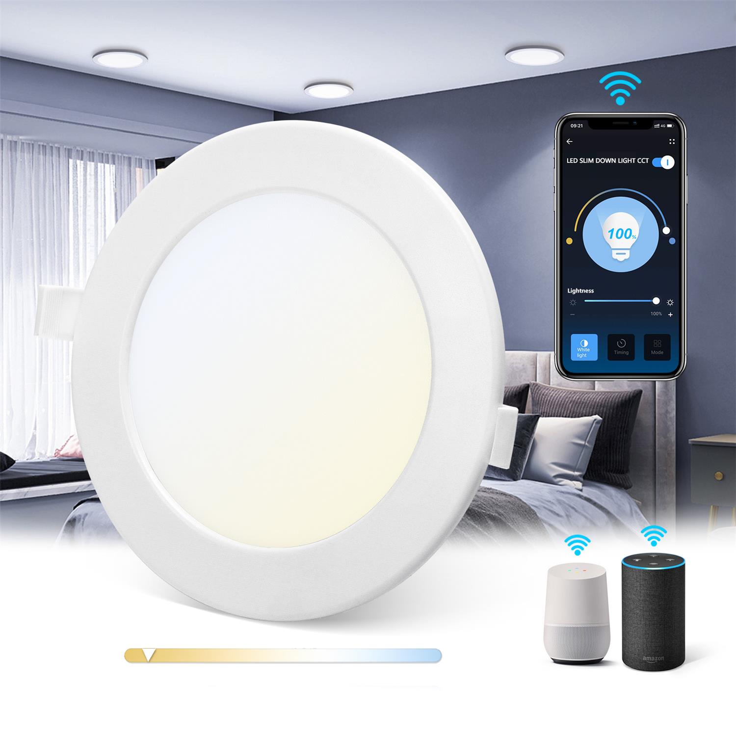 Plafonnier LED branco redondo com controlo por smartphone e dispositivos inteligentes numa divisão moderna