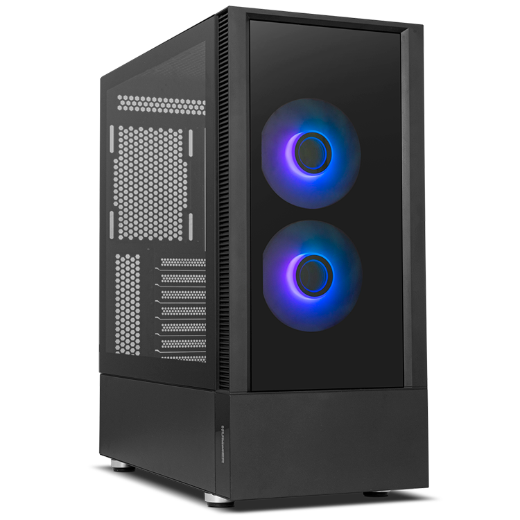Torre PC preta com vidro e ventoinhas LED azuis