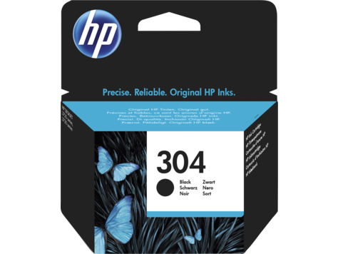 Embalagem de tinta HP preta modelo 304 com ilustração de borboletas azuis